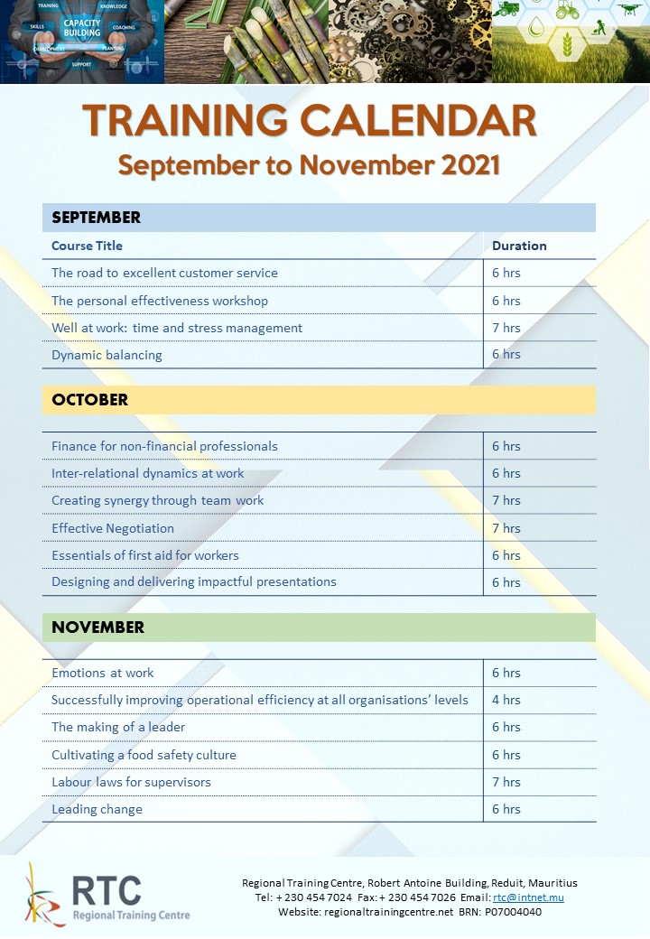 Training calendar Sep-Nov 2021